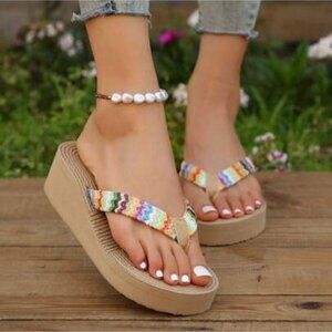 Women's Colorful knit wedge flip flops